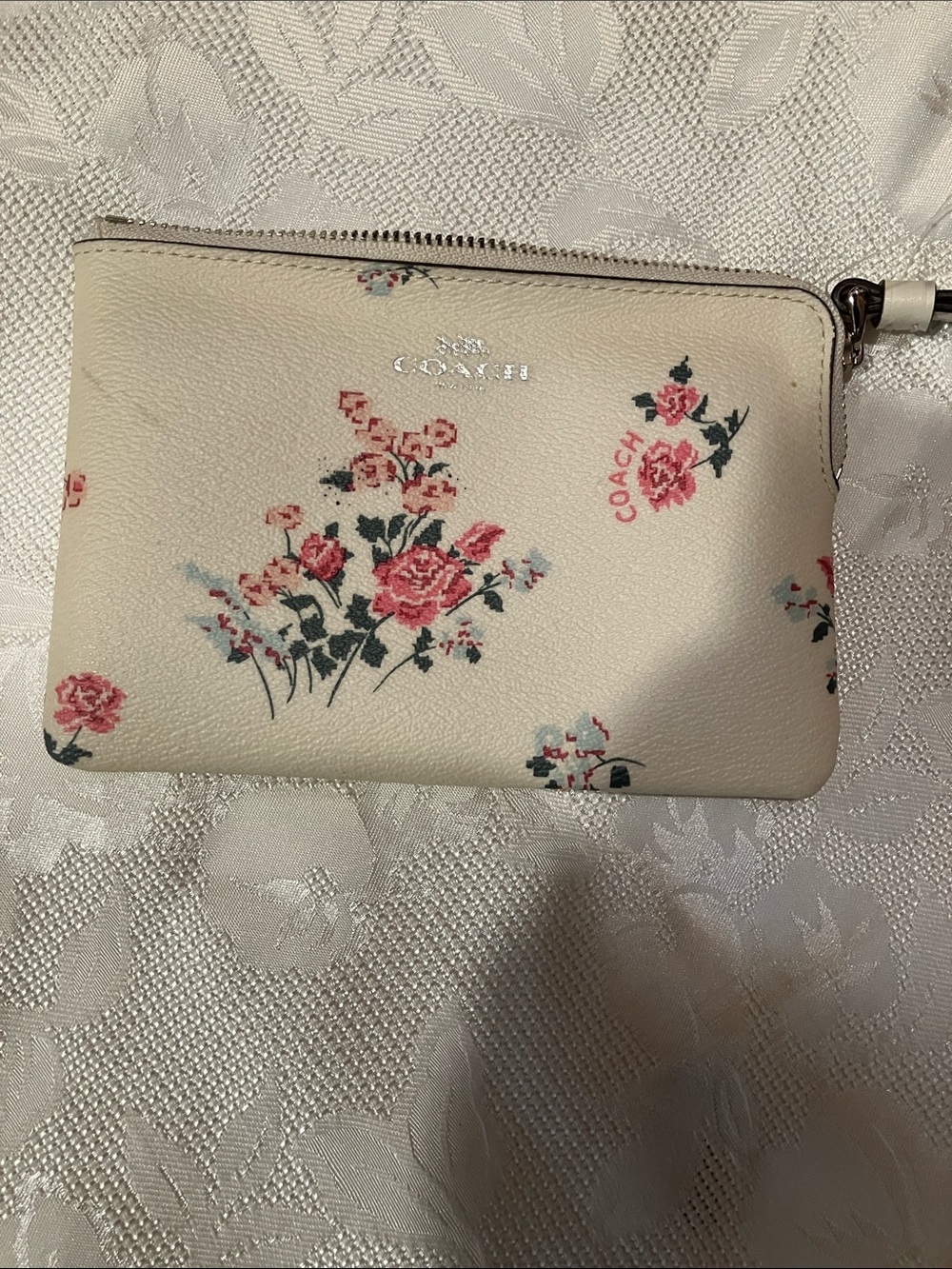 Coach Cream Floral Zip Wristlet with Pink Rose Print